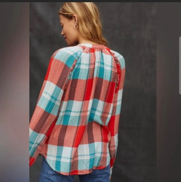 Pilcro Breezy Plaid Button Down Gauzy Rustic Long Sleeve Top M - Picture 3 of 11